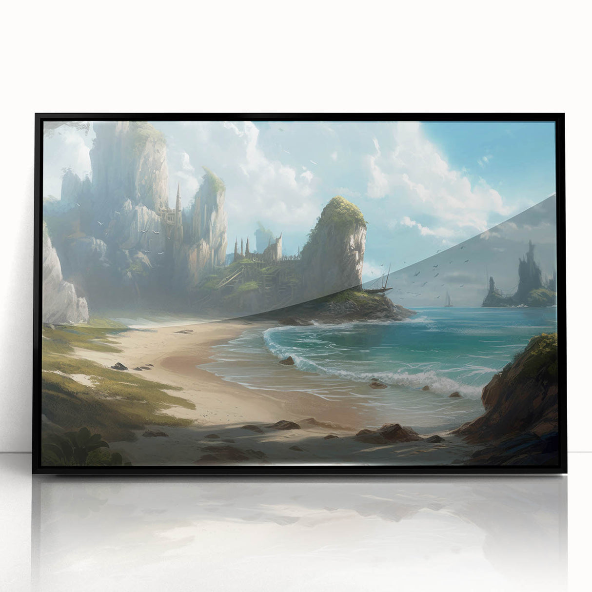 Framed acrylic wall art showcasing a serene seascape design with vibrant blues and greens, elegantly presented in a sleek black frame, ideal for modern decor.