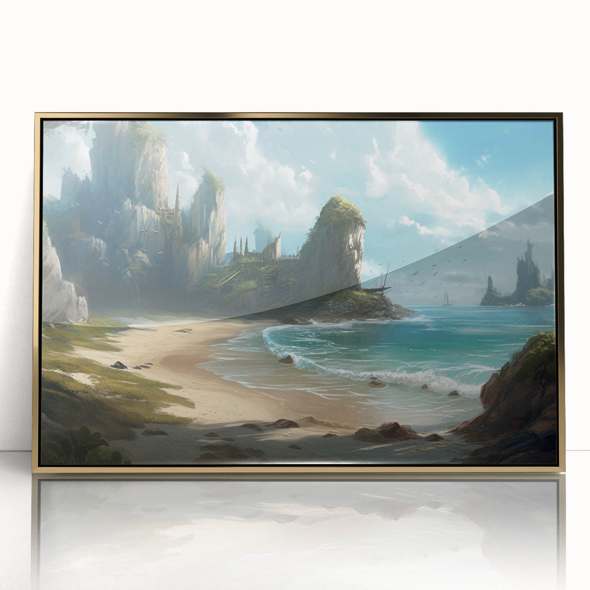 Framed acrylic wall art from the Landscapes & Seascapes Design collection, showcasing a serene coastal scene with vibrant blues and gold accents, perfect for modern home decor.
