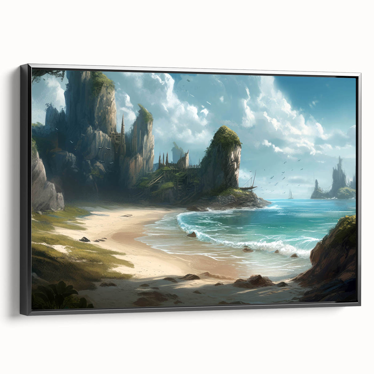 Framed canvas wall art featuring a vibrant seascape design, showcasing blue waves and a sunset, displayed at a black side view to highlight its elegant frame.