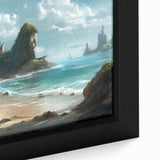 Framed canvas art piece showcasing a vibrant seascape design with rich blues and greens, adding a serene coastal touch to home decor. Perfect for ocean lovers.