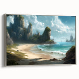 Framed canvas wall art showcasing a serene seascape design with a silver frame, ideal for enhancing modern decor. The artwork features calming ocean waves and a soft color palette, perfect for living spaces or offices.