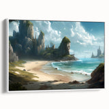 Framed canvas wall art showcasing a serene seascape design with vibrant blues and whites, perfect for enhancing coastal-themed interior decor.