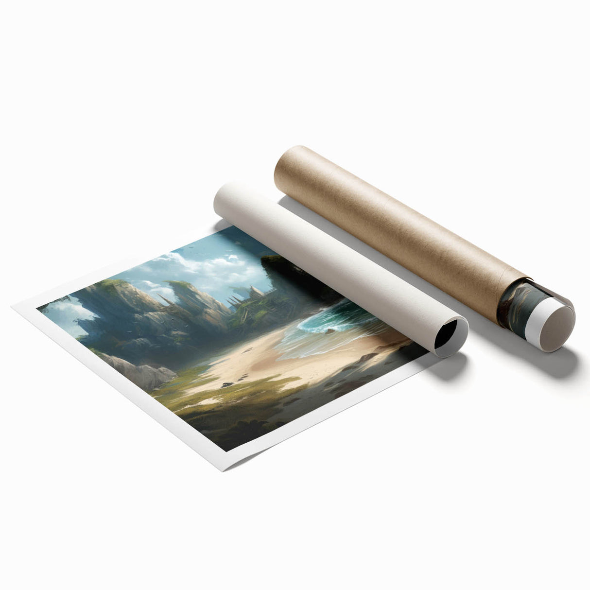 Vibrant rolled print of seascape landscape wall art showcasing serene ocean waves and a colorful sunset, perfect for home decor and artistic enhancement.