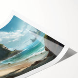 Rolled print showcasing a vibrant seascape design featuring crashing waves and a sunset, perfect for coastal home decor. Packaged securely in a cardboard tube for safe shipping.