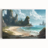 Stretched canvas wall art featuring a serene seascape design, showcasing vibrant blues and greens, perfect for coastal home decor. High-quality print with a modern aesthetic.
