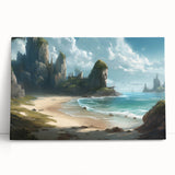 Stretched canvas wall art featuring a serene seascape design, showcasing vibrant blues and soft whites, elegantly leaning against a neutral wall, perfect for home decor.