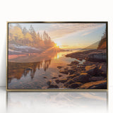 Framed acrylic wall art featuring a coastal landscape design with vibrant blues and gold accents, perfect for modern home decor and seascape enthusiasts.