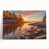 Stretched canvas wall art featuring a serene seascape design in calming blue and green hues, elegantly leaning against a white wall for a contemporary decor look.