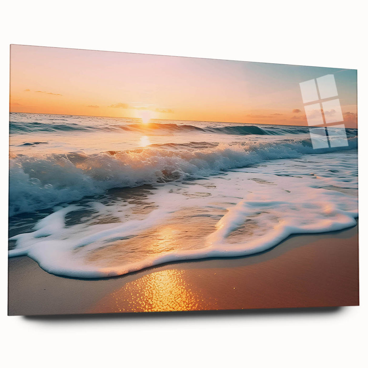Acrylic glass wall art showcasing a serene seascape design with vibrant blues and soft whites, elegantly framed for a modern aesthetic, ideal for coastal decor.