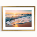 Elegant gold-framed wall art featuring a serene seascape design with vibrant blues and soft whites, enhancing any coastal-themed decor or gallery wall.