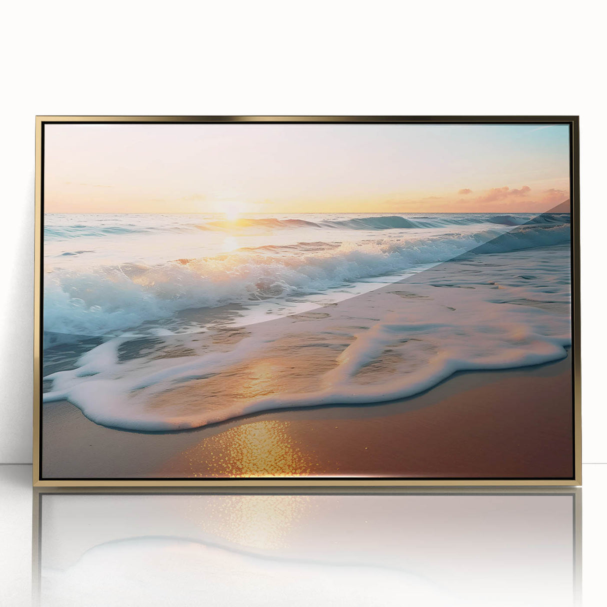 Framed acrylic wall art from the Landscapes & Seascapes collection, featuring a serene ocean view with golden hues, ideal for modern home decor.