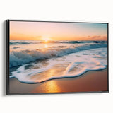 Framed canvas wall art showcasing a serene seascape design with vibrant blues and greens, presented in a sleek black frame, ideal for modern home decor.