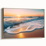 Framed canvas wall art featuring a serene seascape design with vibrant colors and intricate details, elegantly showcased with a gold frame, perfect for home decor.