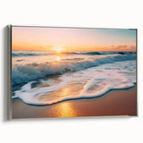 Framed canvas wall art featuring a serene seascape design with vibrant colors and silver frame, ideal for home decor and coastal-themed interiors.