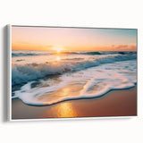 Framed canvas wall art showcasing an abstract seascape design with vibrant blue and white colors, displayed from a side view against a neutral backdrop, ideal for modern decor.