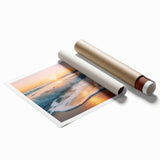 Rolled canvas print showcasing a serene seascape design with vibrant blues and greens, ideal for home decor, packaged securely for shipping. Perfect for coastal-themed interiors.