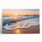 Stretched canvas wall art showcasing a vibrant seascape design with calming blues and greens, leaning against a neutral wall, perfect for coastal decor.