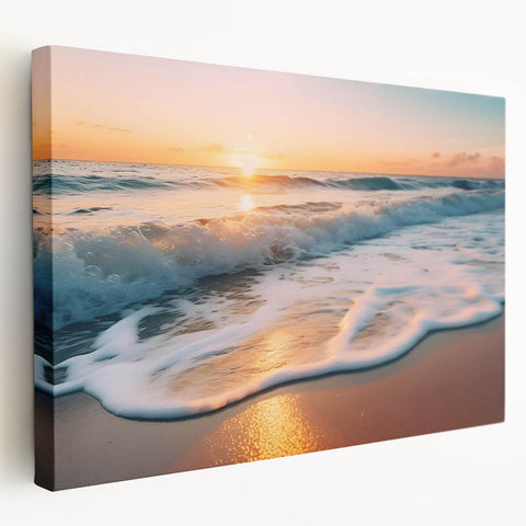 Stretched canvas wall art showcasing a serene seascape design, featuring vibrant blues and soft whites, perfect for coastal-themed decor. Ideal for enhancing home interiors.