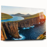 Side view of a contemporary wall art collection featuring vibrant acrylic seascapes and landscapes, displayed with stylish pins on a sleek background, ideal for modern decor.