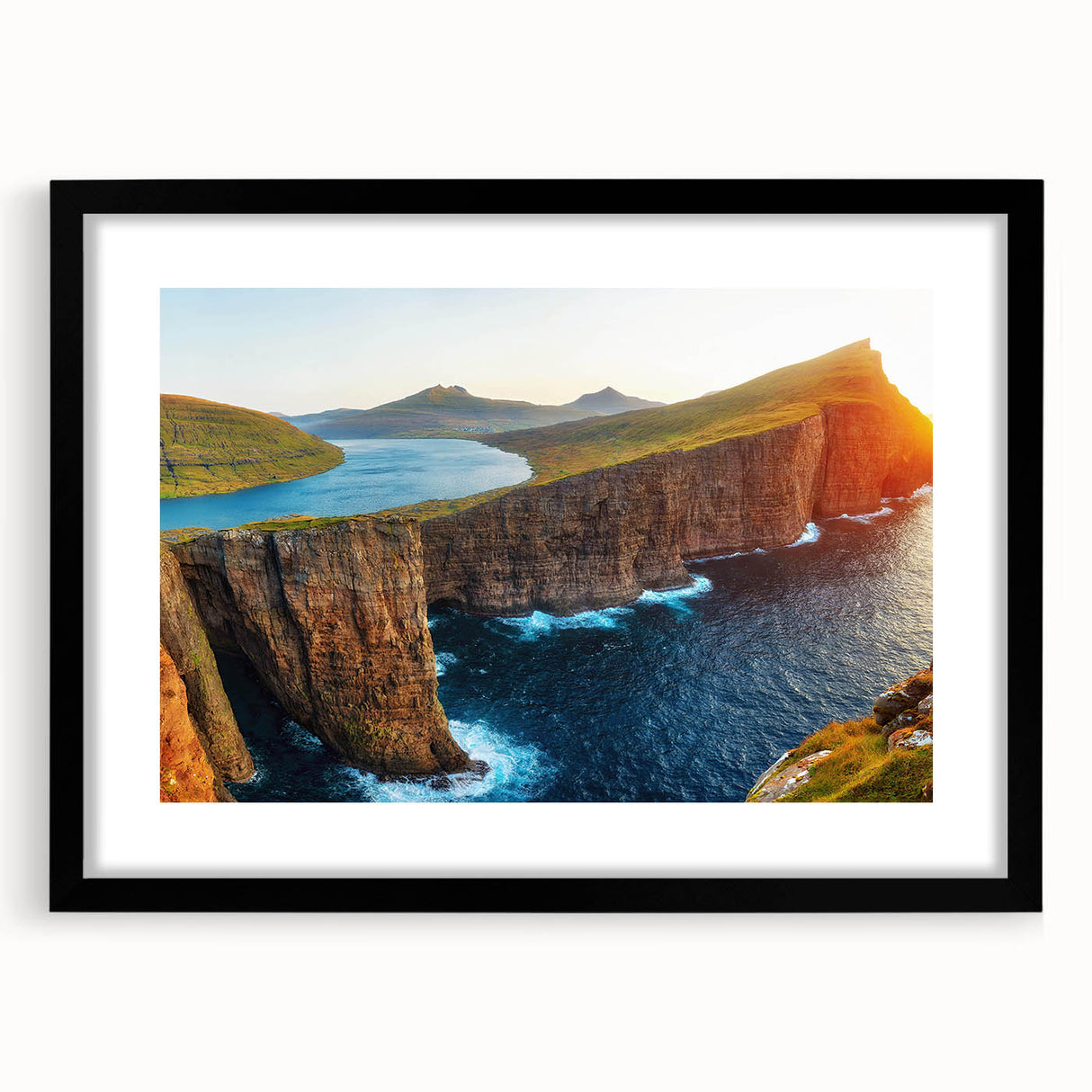 Black-framed wall art collection showcasing a vibrant seascape design, featuring calming blues and greens, perfect for coastal home decor. The mat adds elegance, enhancing the artistic appeal in any living space.
