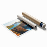 Rolled print of a vibrant seascape design featuring a serene blue ocean and colorful sunset, elegantly packaged in a protective cardboard tube for wall decor enthusiasts.