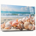 Acrylic glass wall art collection featuring vibrant seascape landscapes, displayed with decorative pins against a neutral backdrop, ideal for enhancing modern interiors.