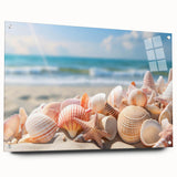 Acrylic glass wall art collection featuring vibrant seascape landscapes, displayed with decorative pins against a neutral backdrop, ideal for enhancing modern interiors.