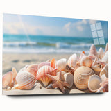 Acrylic glass wall art showcasing a vibrant seascape design, featuring rich blues and greens, viewed from the side without pins, perfect for coastal-themed decor.