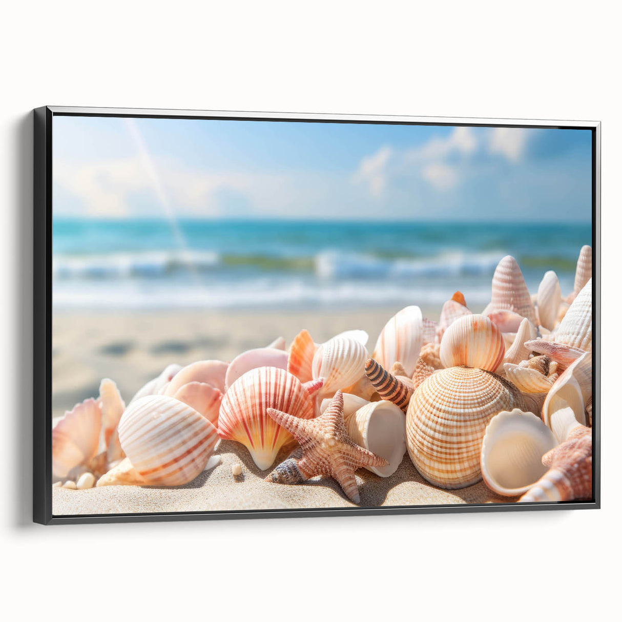 Framed canvas wall art showcasing a vibrant seascape design with a black frame, perfect for enhancing modern home decor. Ideal for coastal-themed interiors.