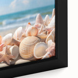 Close-up of a framed canvas artwork depicting a serene seascape with vibrant blues and soft pastel hues, perfect for coastal-themed decor. This piece enhances any living space with its calming oceanic view and artistic details.