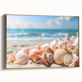 Framed canvas wall art from the Landscapes & Seascapes Design collection showcases a serene coastal scene with gentle waves and a golden sunset, perfect for home decor.