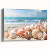 Framed canvas wall art showcasing a serene seascape landscape design, featuring calming blue and silver tones, perfect for coastal-themed home decor.