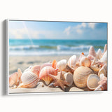 Framed canvas wall art collection showcasing serene seascapes and landscapes, presented from a side view with a sleek white frame, perfect for modern decor.