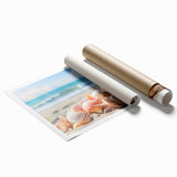 Rolled print of a serene seascape design showcasing soft blue waters and a vibrant sunset, ideal for home decor or art enthusiasts, protected in a sturdy tube.