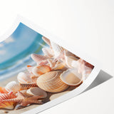 Rolled print showcasing a serene seascape design, featuring vibrant blues and greens, perfect for coastal-themed decor. Packaged securely in a cardboard tube for safe delivery.