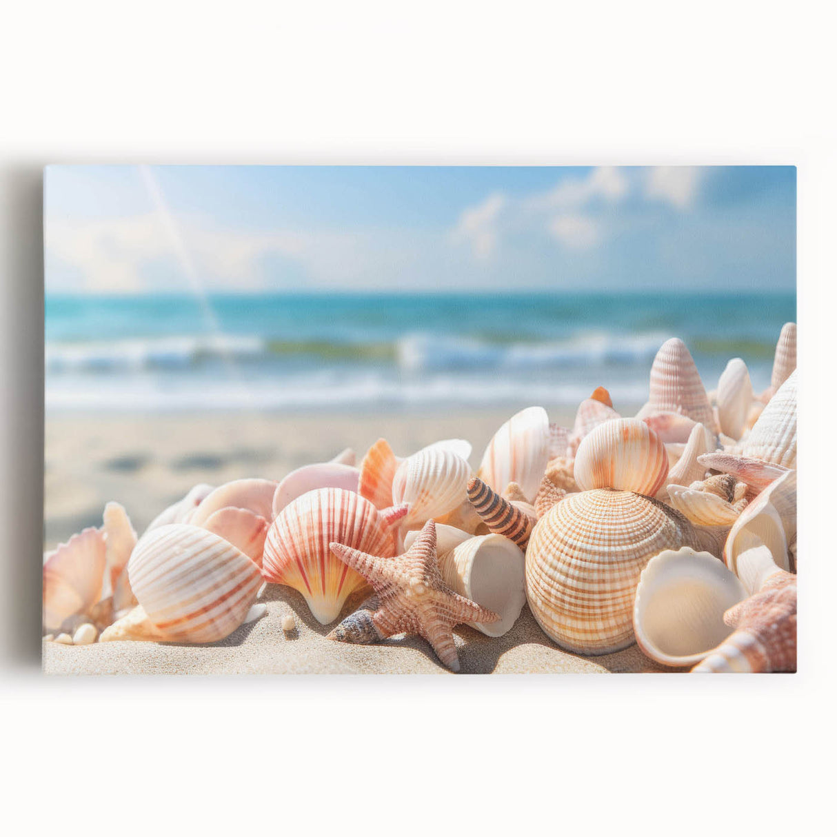 Stretched canvas artwork showcasing a vibrant seascape design, featuring calming blues and greens, perfect for coastal-themed decor. Ideal for enhancing living spaces with nature-inspired beauty.