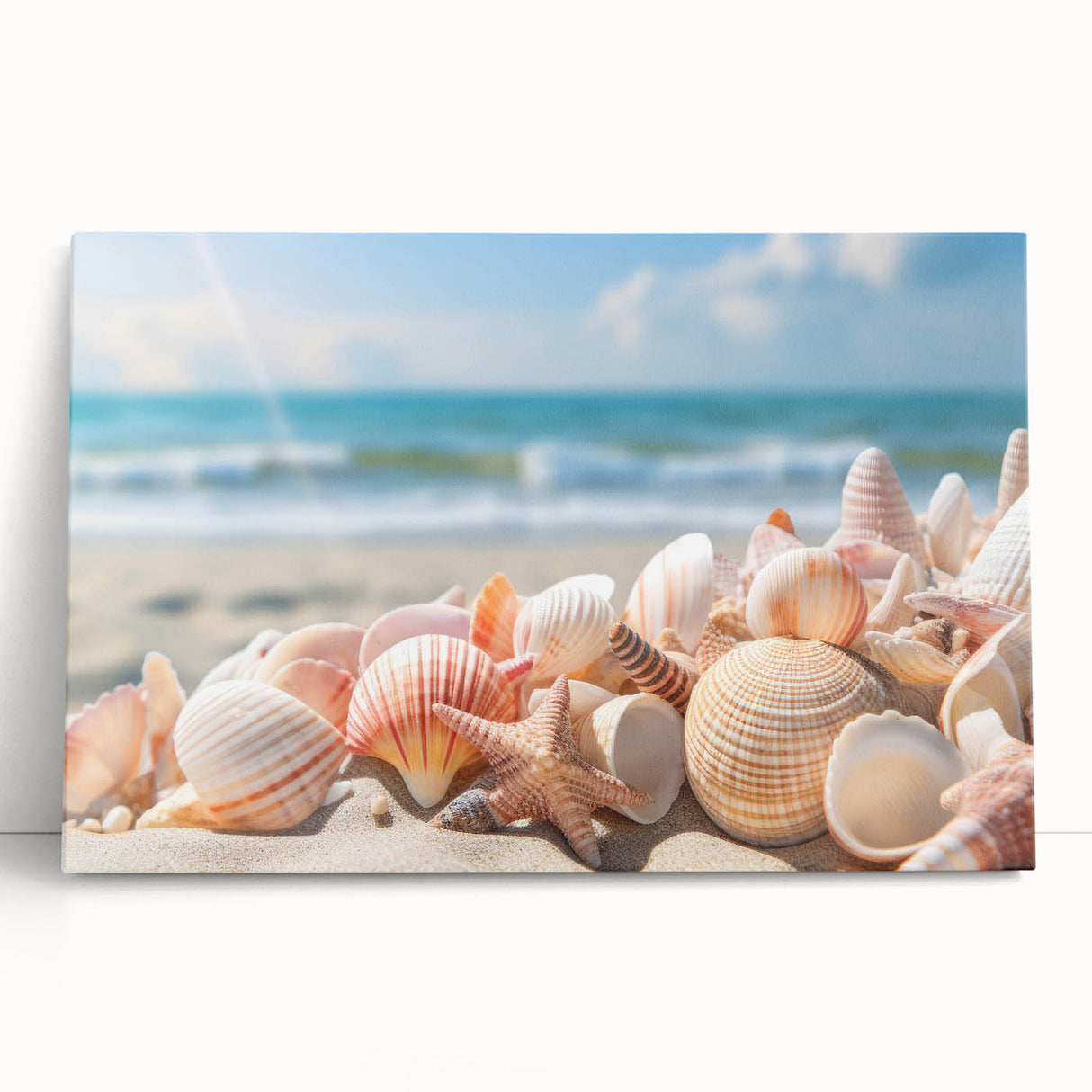 Canvas wall art collection showcasing a vibrant seascape design with a soothing color palette of blues and greens, elegantly leaning against a wall, perfect for enhancing modern home decor.