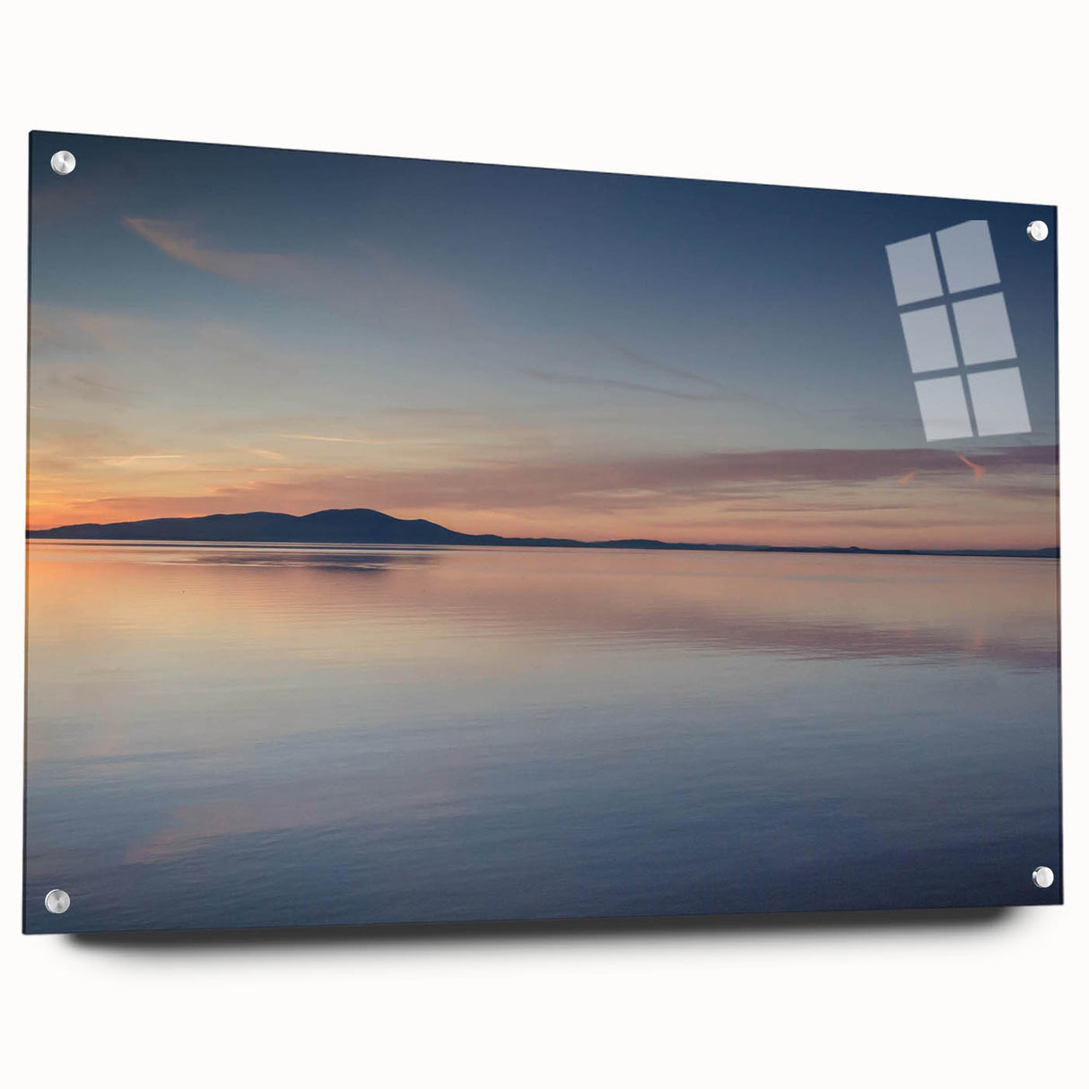 Acrylic glass wall art showcasing a vibrant seascape design, displayed from a side view with visible mounting pins, perfect for modern home decor aesthetics.