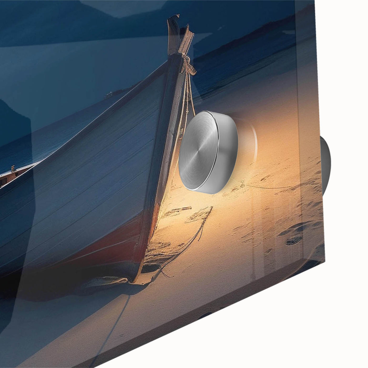 Close-up of a vibrant acrylic glass wall art piece showcasing a tranquil seascape, featuring rich blues and soft whites, perfect for enhancing coastal-themed decor.