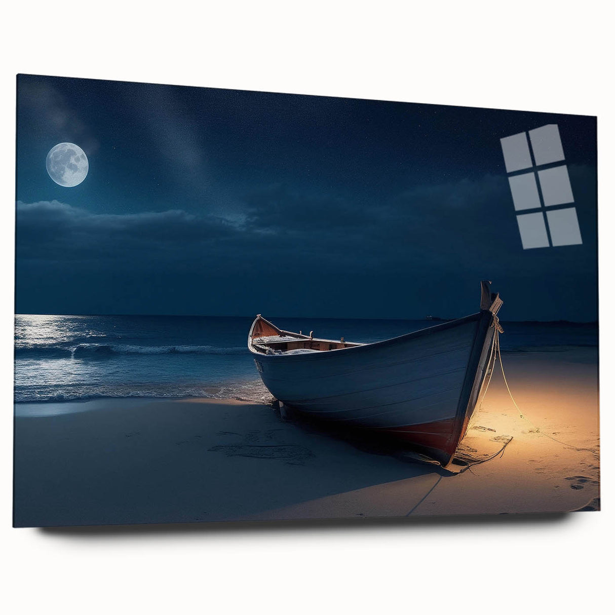 Acrylic wall art featuring a vibrant seascape design, showcasing waves and sunset hues, displayed from a side view on a sleek surface without pins. Perfect for coastal-themed decor.