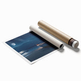 Rolled print showcasing a serene seascape design, featuring vibrant blues and soft pastels, ideal for coastal-themed decor. Packaged securely for delivery.