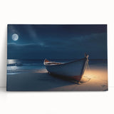 Stretched canvas wall art featuring a serene seascape design with vibrant blues and soft whites, elegantly leaning against a neutral wall, ideal for coastal decor.