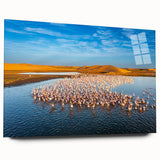 Acrylic glass wall art piece showcasing a serene seascape design, highlighting vibrant blues and soft whites. Ideal for modern home decor, side view displays its sleek finish and elegant framing, enhancing any coastal-themed room.