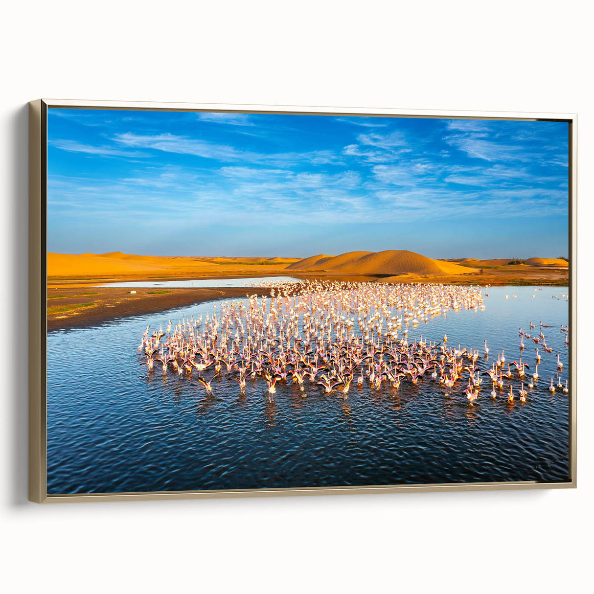Framed canvas wall art showcasing a serene seascape design with vibrant colors and gold accents, perfect for enhancing coastal home decor. Ideal for art collectors and interior design enthusiasts.