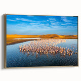 Framed canvas wall art showcasing a serene seascape design with vibrant colors and gold accents, perfect for enhancing coastal home decor. Ideal for art collectors and interior design enthusiasts.
