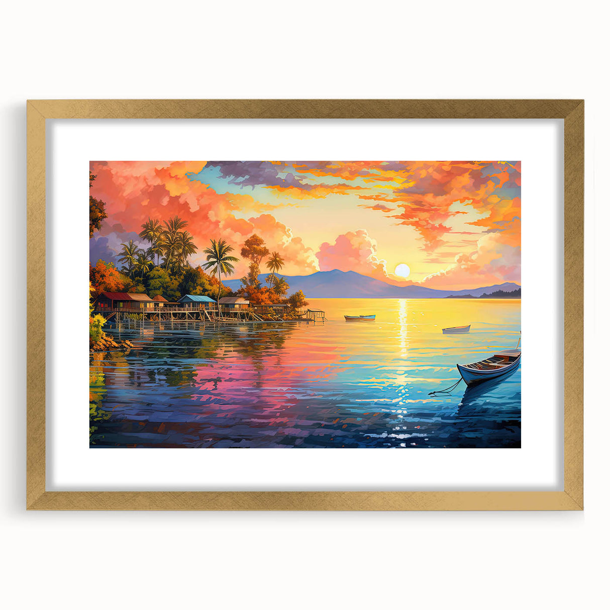 Elegant framed wall art featuring a serene seascape design with soft blues and gold accents, perfect for enhancing home decor. Ideal for coastal-themed interiors.