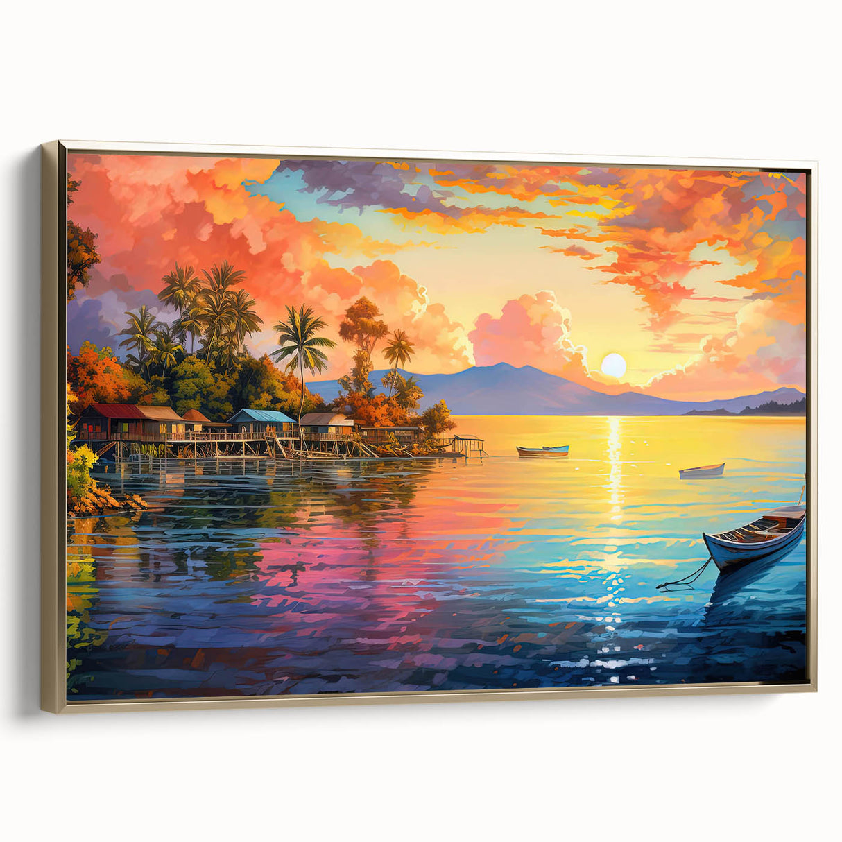 Framed canvas wall art from the Landscapes & Seascapes Design 34 collection, showcasing a stunning coastal scene with vibrant colors and a gold frame, ideal for home decor.