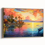 Framed canvas wall art from the Landscapes & Seascapes Design 34 collection, showcasing a stunning coastal scene with vibrant colors and a gold frame, ideal for home decor.