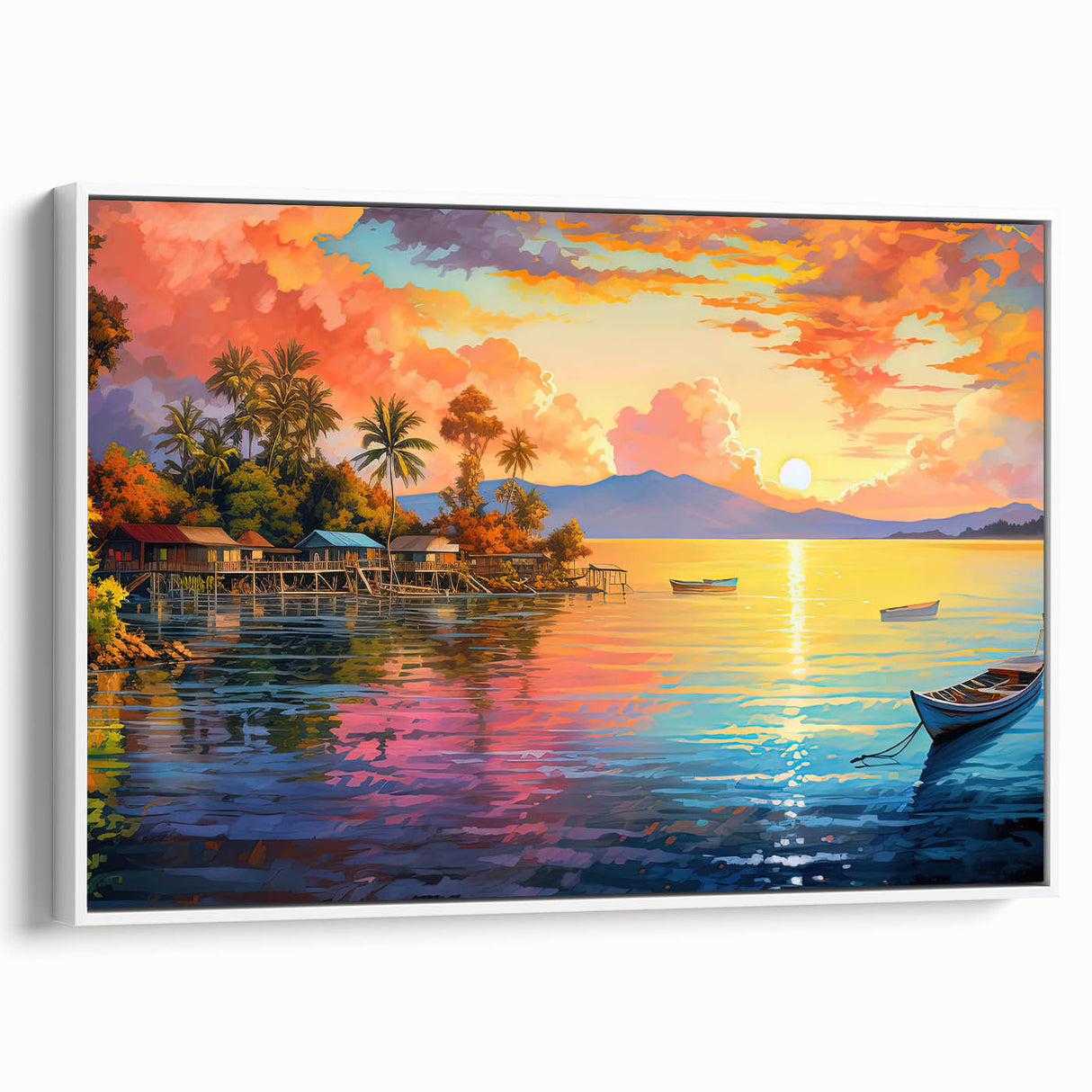 Framed canvas artwork showcasing a seascape design with calming blue and white tones, displayed in a sleek white frame against a light background. Ideal for coastal-themed decor.