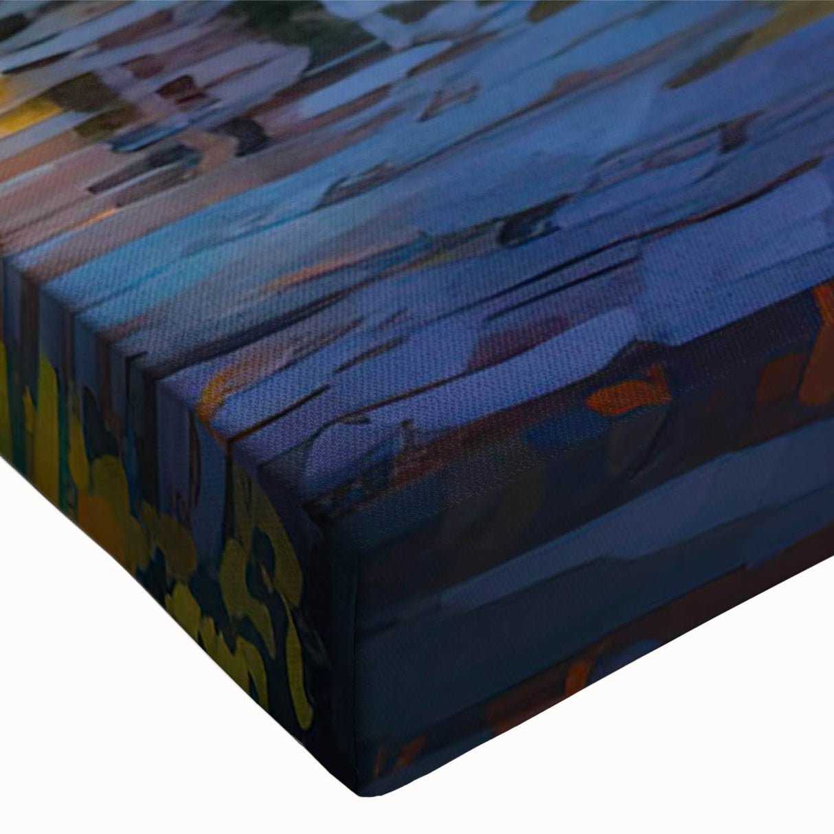 Close-up view of a vibrant stretched canvas wall art piece showcasing a serene seascape design with rich blues and soft whites, perfect for coastal decor.